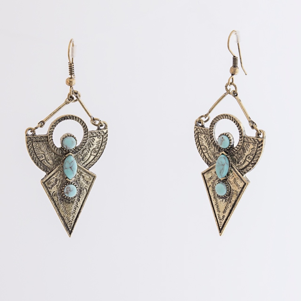 Women's Tribal Style Antique Gold and Turquoise Earrings